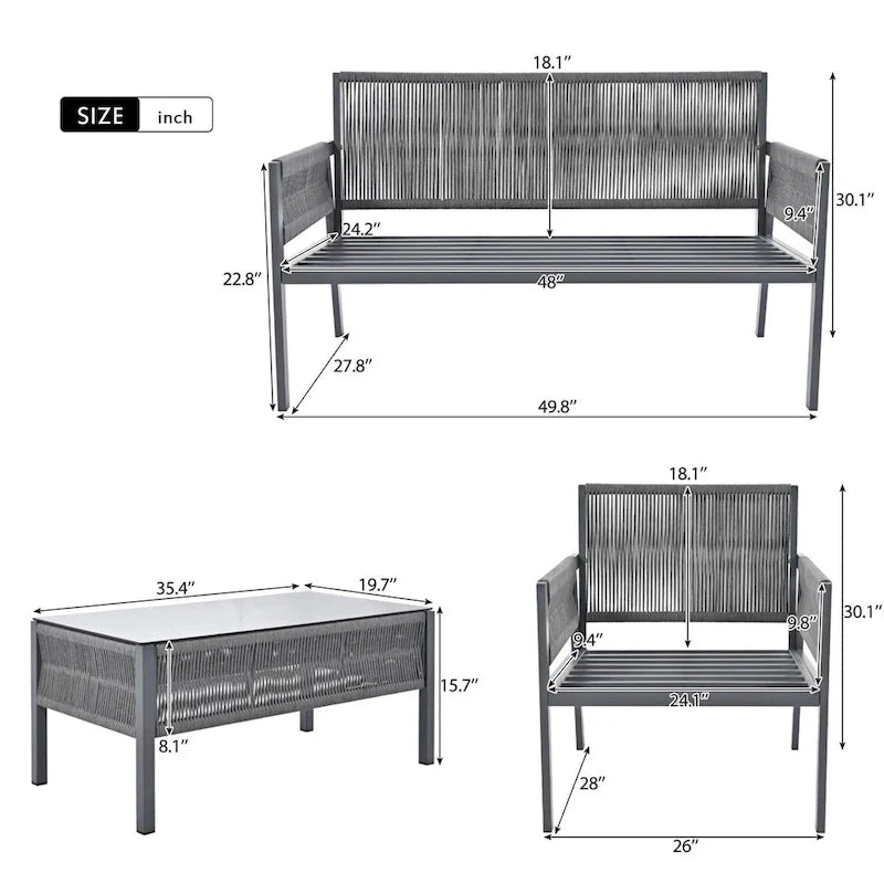 Ensemble de mobilier de jardin 4 pièces en corde