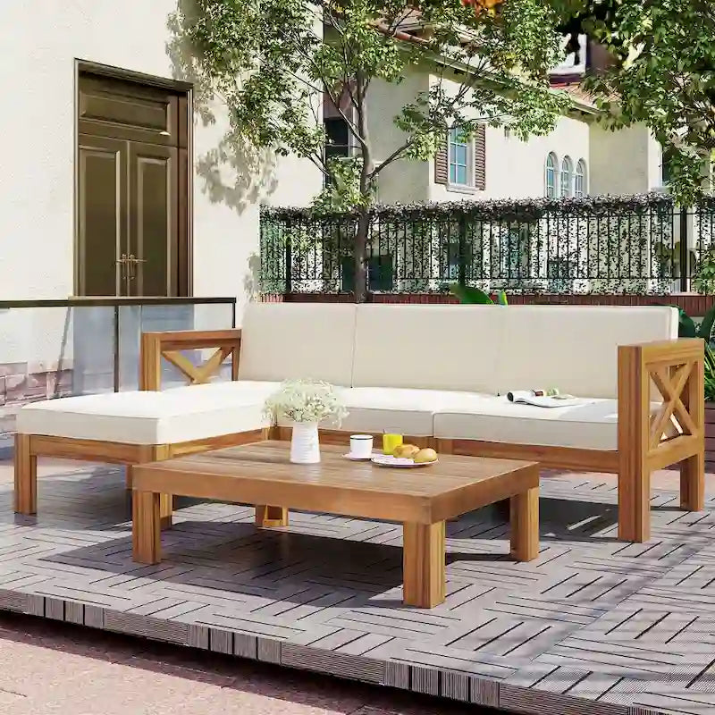 Ensemble de canapé d'angle de jardin extérieur en bois 5 pièces avec coussins