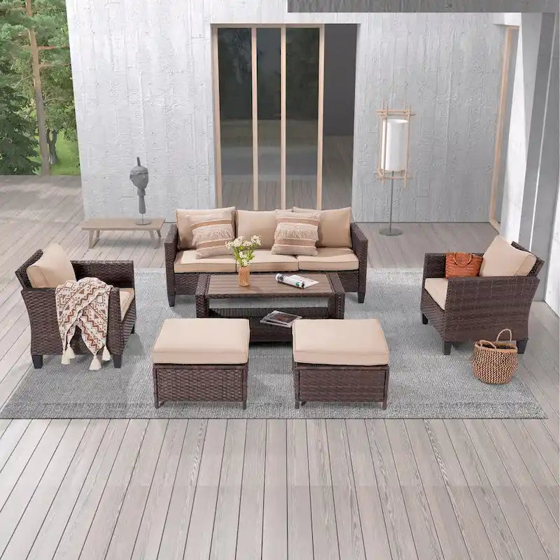 LIVOOSUN Ensemble de 6 meubles de patio en rotin marron avec table basse