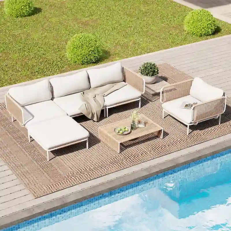 Canapé d'angle d'extérieur 5 places pour terrasse, ensemble modulable en combinant plusieurs fauteuils - Composé de 5 fauteuils