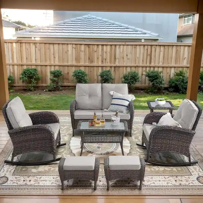 2 chaises à bascule avec canapé de terrasse et table basse - Marron