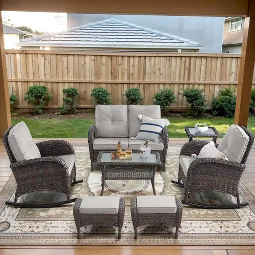 2 Rocker Chairs with Patio Sofa Coffee Table - Brown