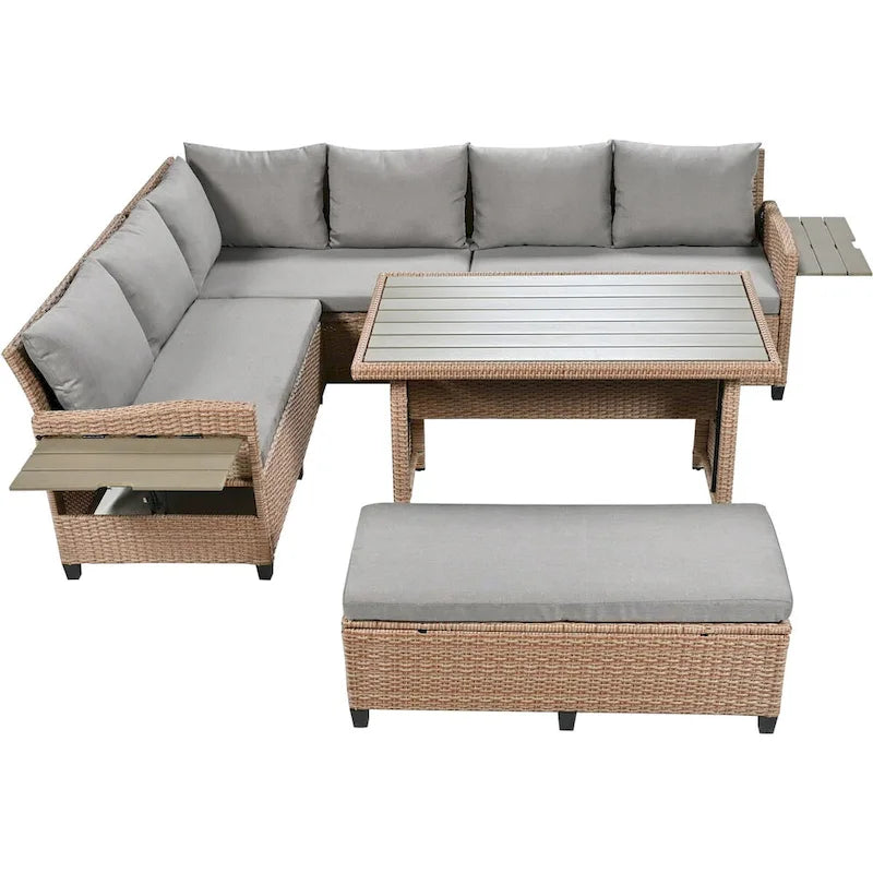 Ensemble de canapé d'angle en rotin et osier PE 5 pièces marron pour terrasse extérieure