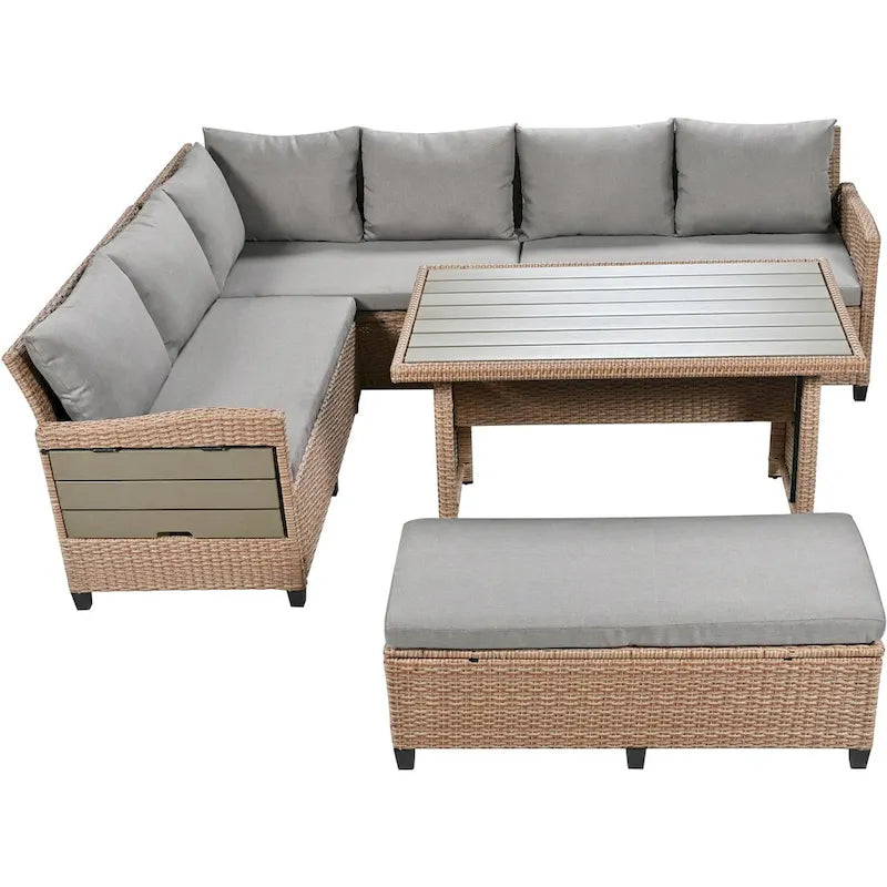 Ensemble de canapé d'angle en rotin et osier PE 5 pièces marron pour terrasse extérieure