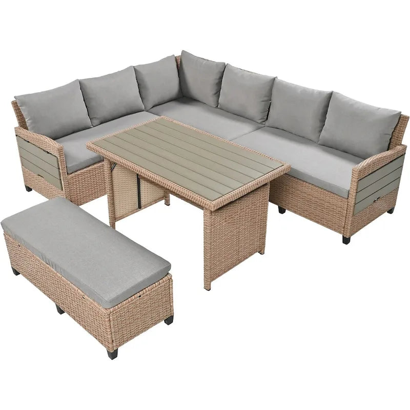 Ensemble de canapé d'angle en rotin et osier PE 5 pièces marron pour terrasse extérieure