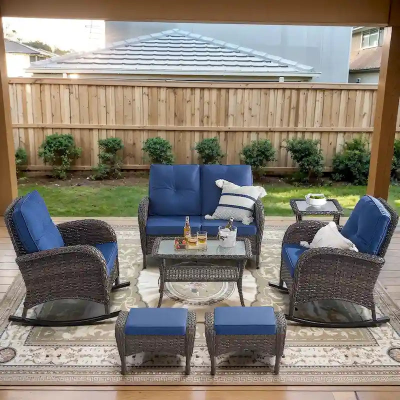 2 chaises à bascule planeur avec table de canapé en rotin – Marron
