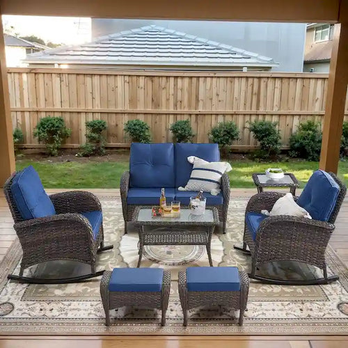 2 Rocker Glider Chairs with Rattan Sofa Table - Brown