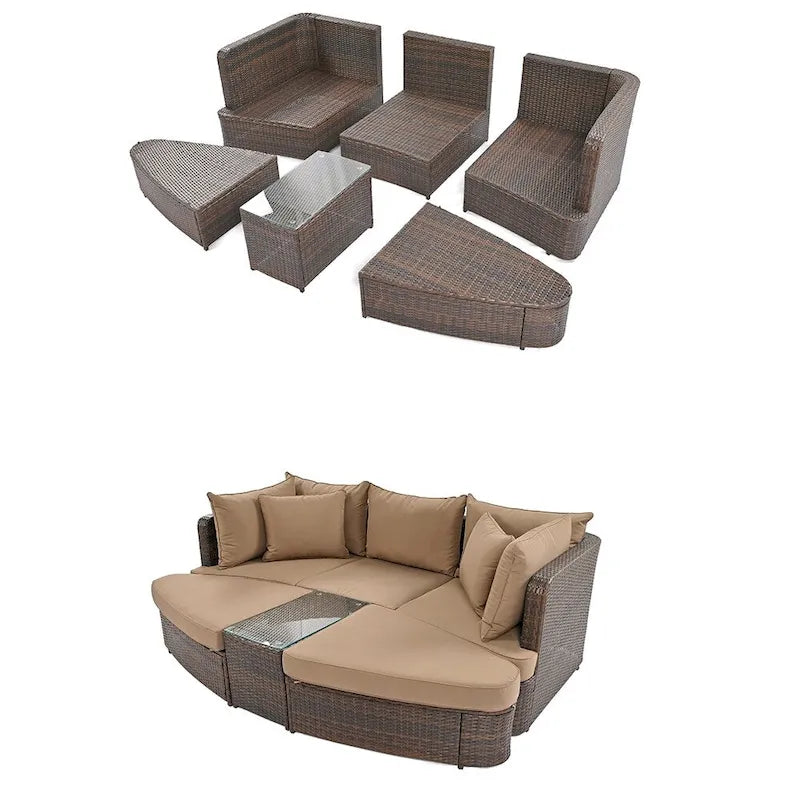 Ensemble de conversation extérieur en osier 6 pièces avec coussins – 2 canapés d'angle, 1 canapé simple, 2 poufs et 1 table