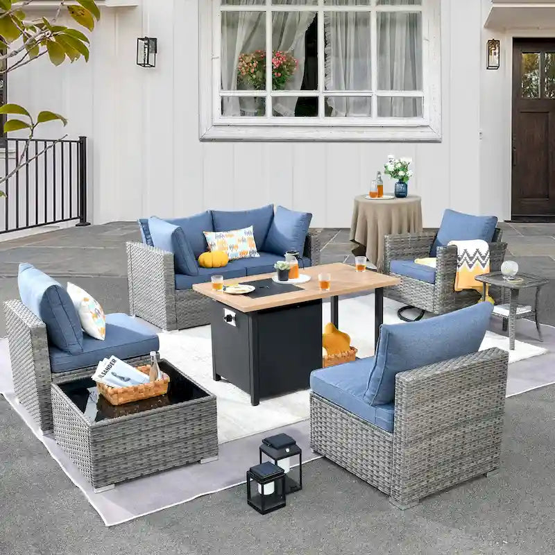 HOOOWOOO Ensemble sectionnel de 8 pièces en osier gris pour patio extérieur avec foyer