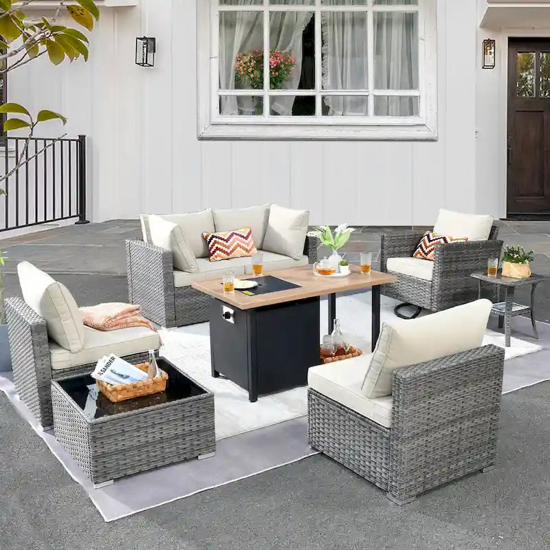 HOOOWOOO Ensemble sectionnel de 8 pièces en osier gris pour patio extérieur avec foyer