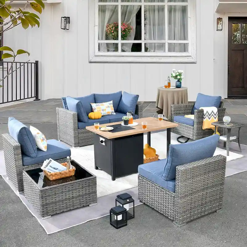 HOOOWOOO Ensemble sectionnel de 8 pièces en osier gris pour patio extérieur avec foyer