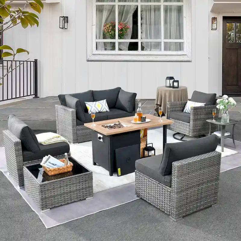 HOOOWOOO Ensemble sectionnel de 8 pièces en osier gris pour patio extérieur avec foyer