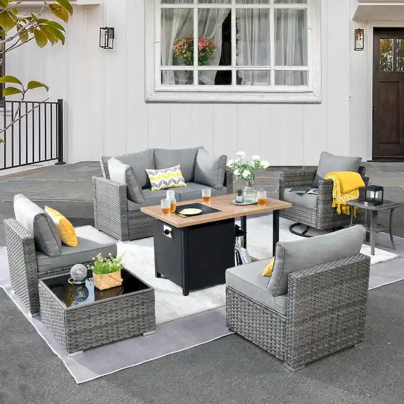 HOOOWOOO Ensemble sectionnel de 8 pièces en osier gris pour patio extérieur avec foyer