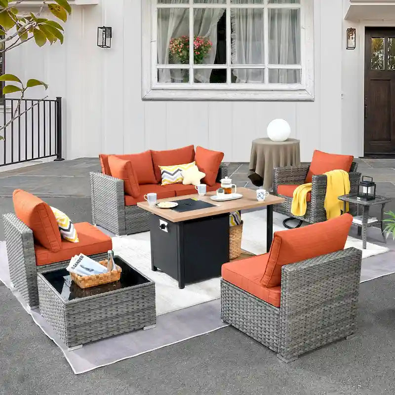 HOOOWOOO Ensemble sectionnel de 8 pièces en osier gris pour patio extérieur avec foyer