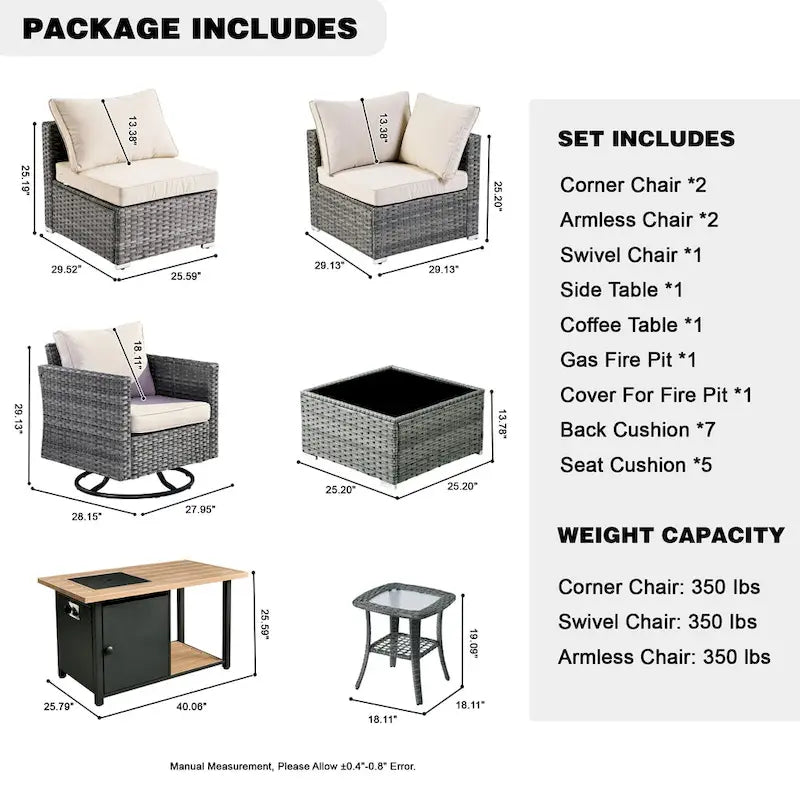 HOOOWOOO Ensemble sectionnel de 8 pièces en osier gris pour patio extérieur avec foyer