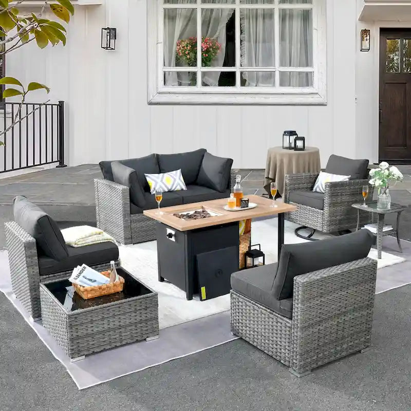 HOOOWOOO Ensemble sectionnel de 8 pièces en osier gris pour patio extérieur avec foyer