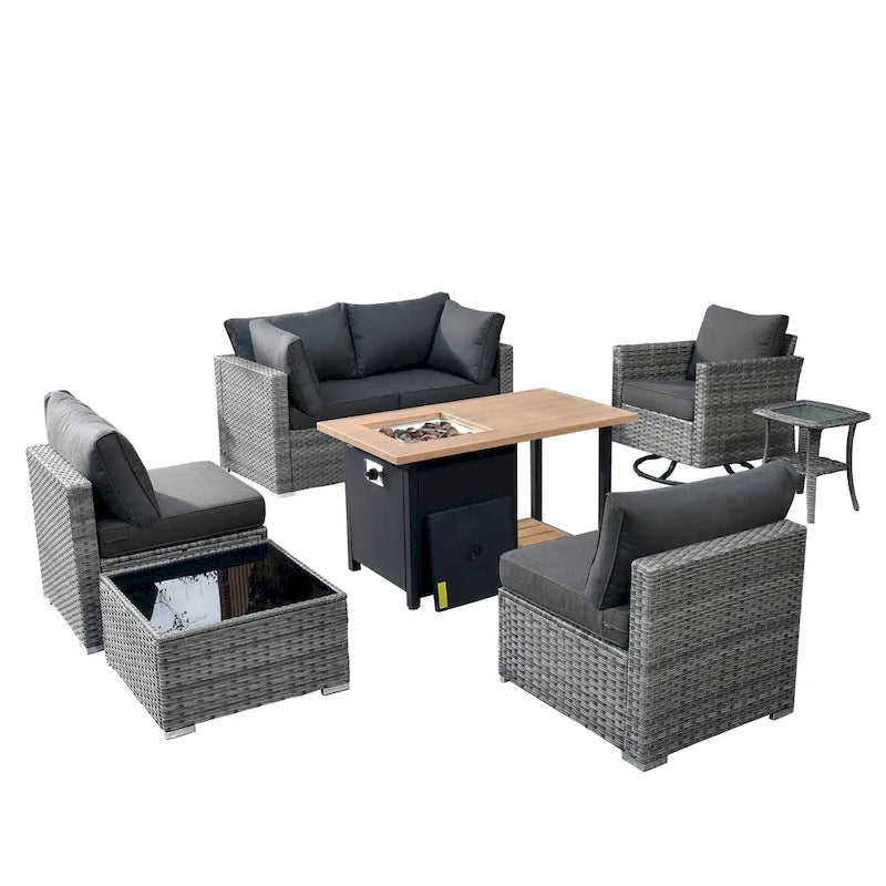 HOOOWOOO Ensemble sectionnel de 8 pièces en osier gris pour patio extérieur avec foyer