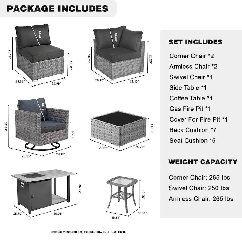 HOOOWOOO Ensemble sectionnel de 8 pièces en osier gris pour patio extérieur avec foyer