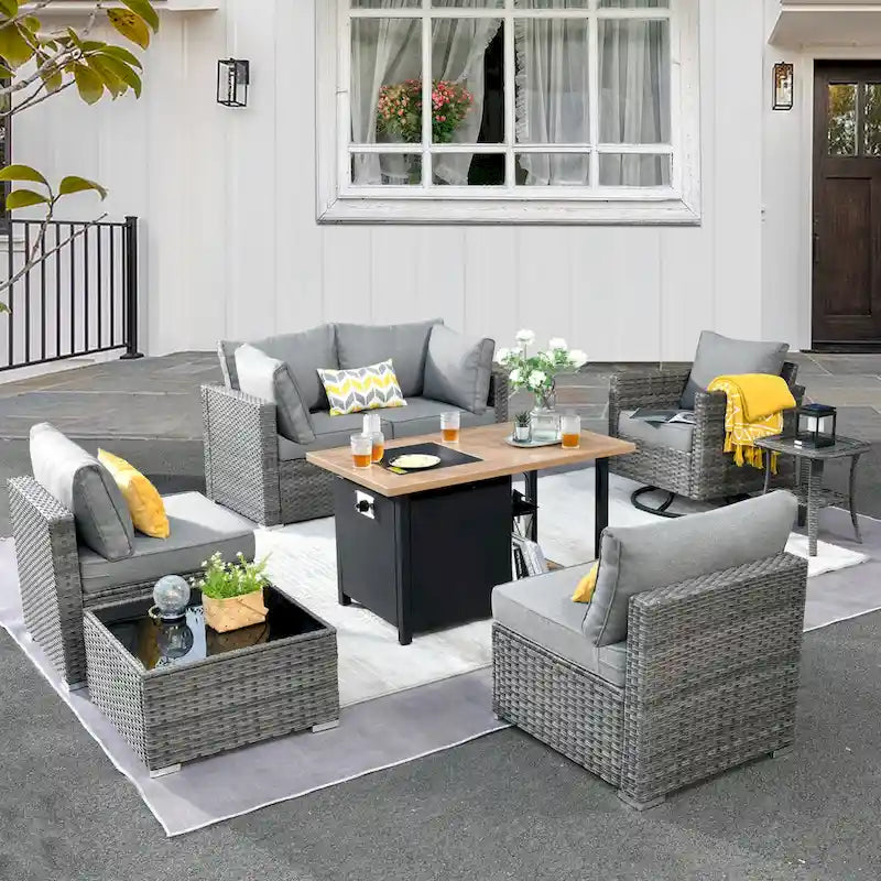HOOOWOOO Ensemble sectionnel de 8 pièces en osier gris pour patio extérieur avec foyer