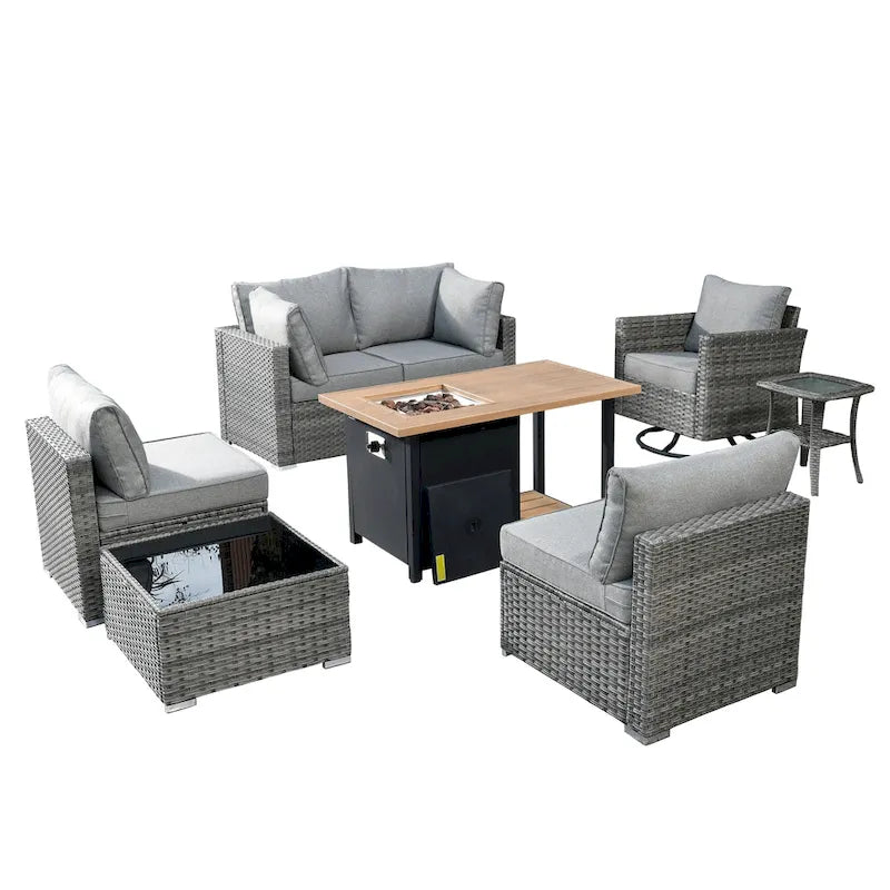 HOOOWOOO Ensemble sectionnel de 8 pièces en osier gris pour patio extérieur avec foyer