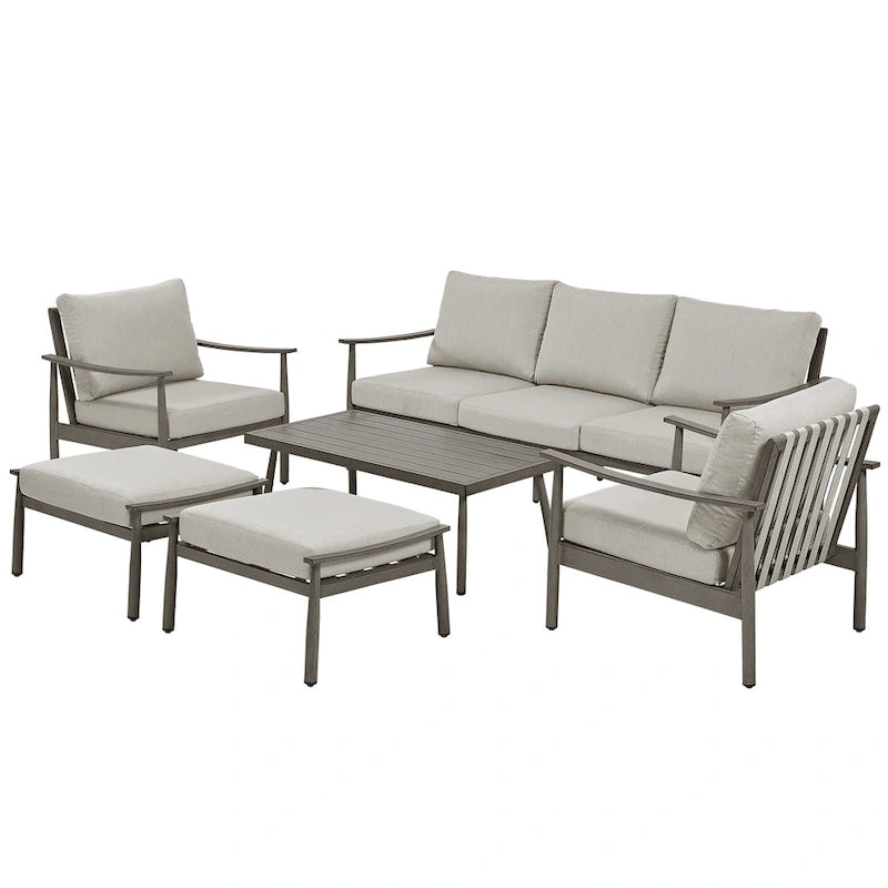Ensemble de conversation d'extérieur 6 pièces en aluminium, canapé 3 places avec poufs et table basse