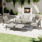Ensemble de conversation d'extérieur 6 pièces en aluminium, canapé 3 places avec poufs et table basse