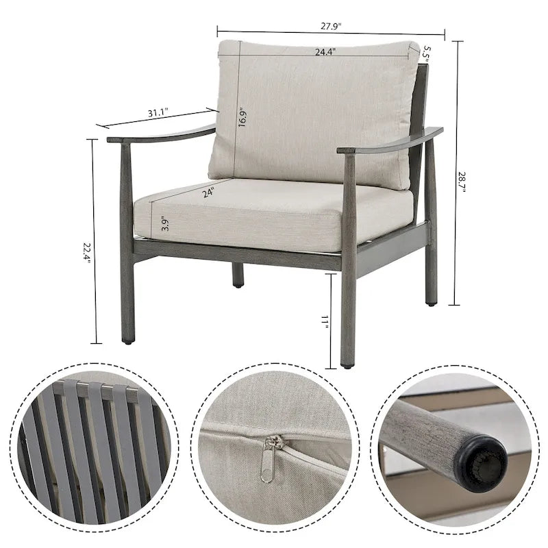 Ensemble de conversation d'extérieur 6 pièces en aluminium, canapé 3 places avec poufs et table basse