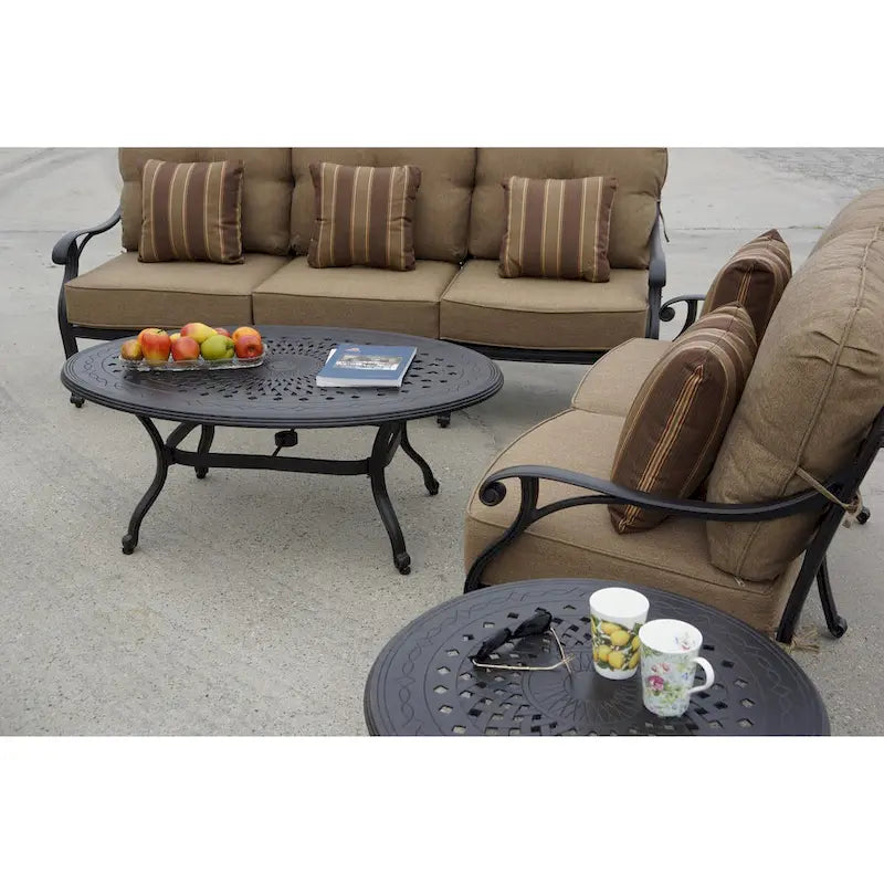Ensemble de conversation d'extérieur Nassau 6 pièces avec brasero au propane, coussins, table d'appoint ronde de 24 po et table basse ovale de 31 x 46 po