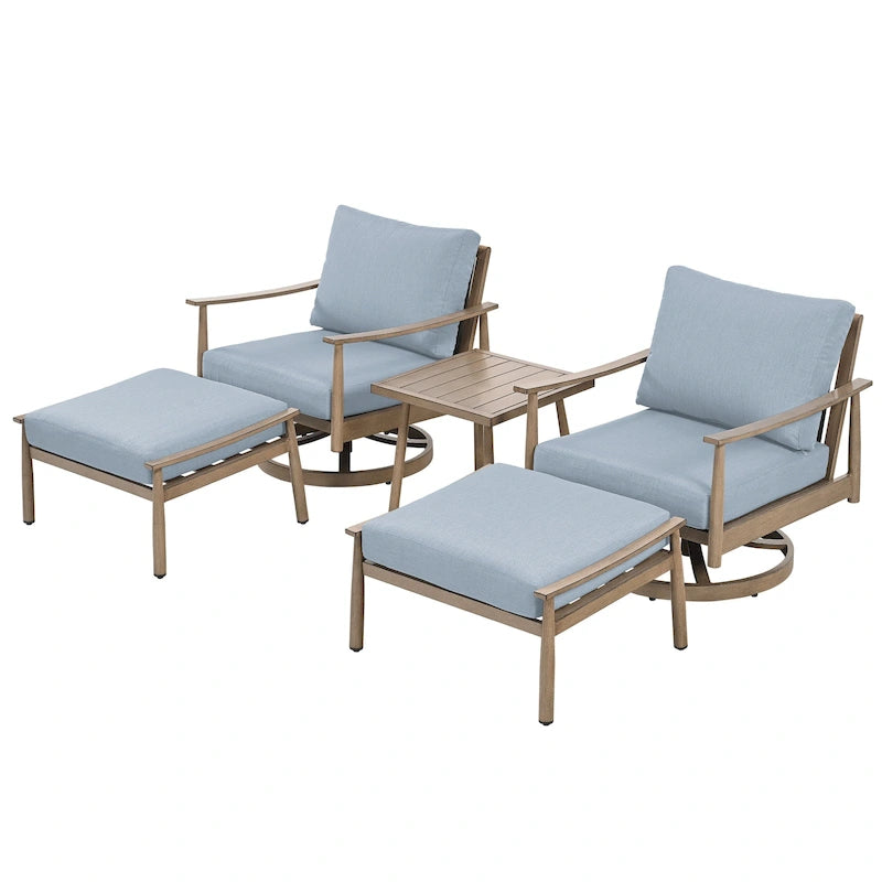 Ensemble de conversation d'extérieur 5 pièces en aluminium avec fauteuils pivotants, table d'appoint et coussins