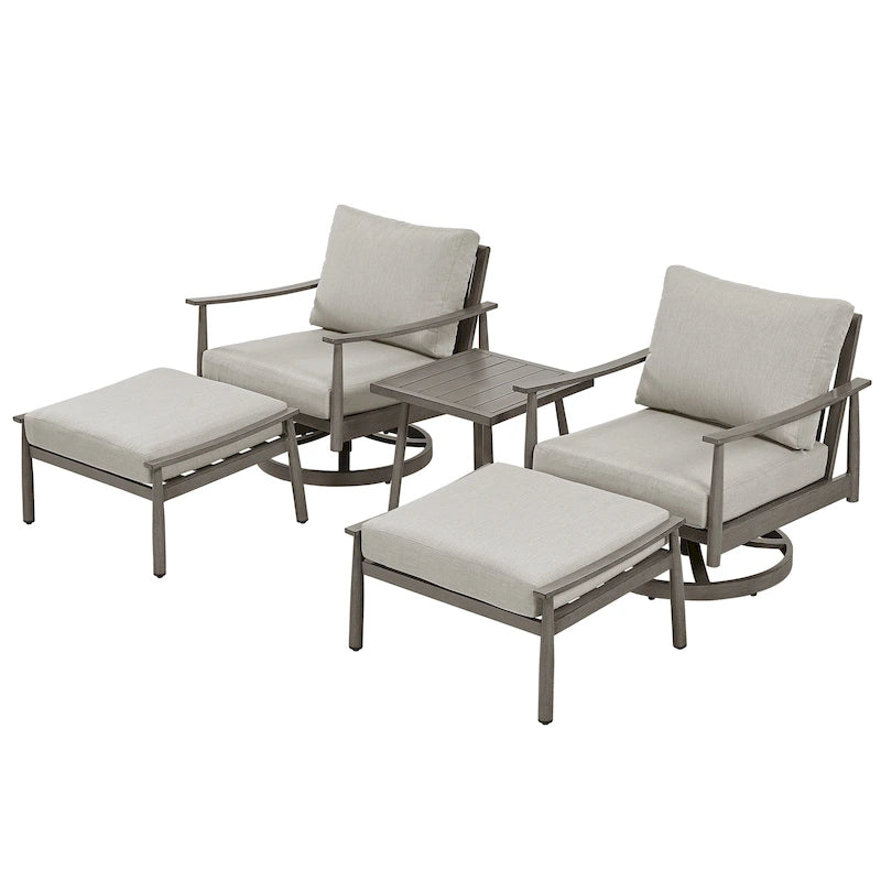 Ensemble de conversation d'extérieur 5 pièces en aluminium avec fauteuils pivotants, table d'appoint et coussins