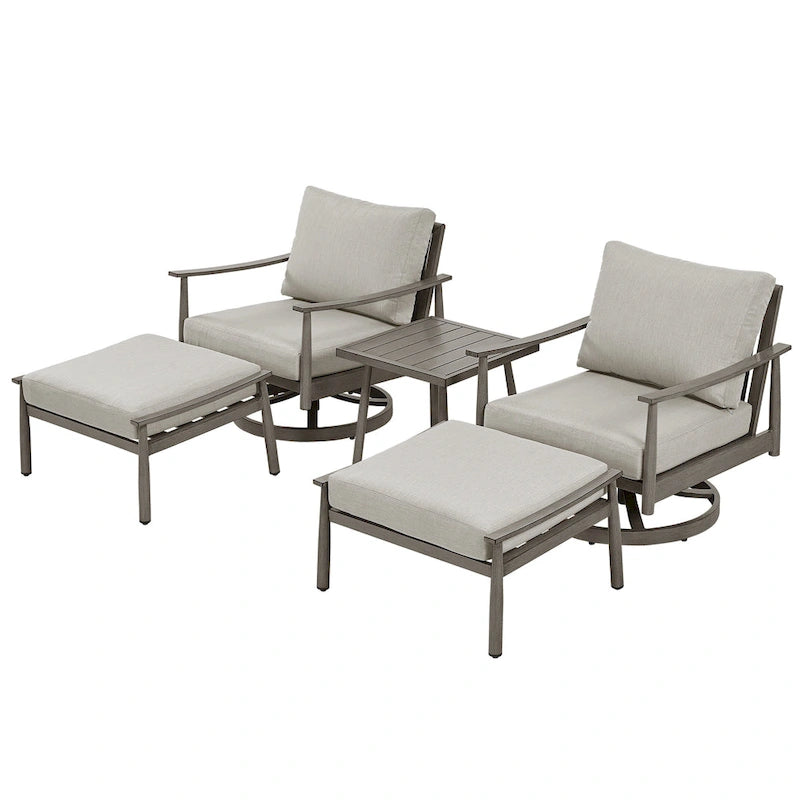 Ensemble de conversation d'extérieur 5 pièces en aluminium avec fauteuils pivotants, table d'appoint et coussins