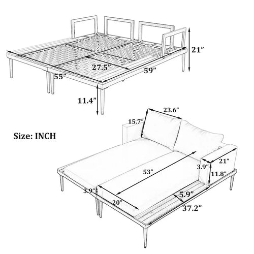 Lit de Repos Extérieur Moderne en Métal 2 en 1 avec Plateaux et Espaces Latéraux en Bois