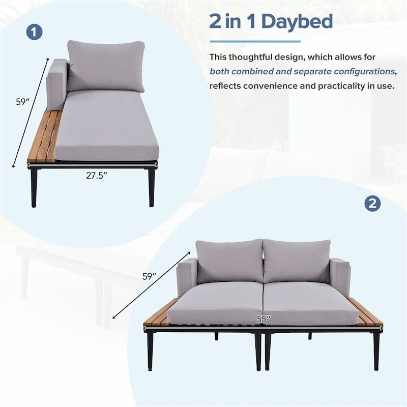 Lit de Repos Extérieur Moderne en Métal 2 en 1 avec Plateaux et Espaces Latéraux en Bois