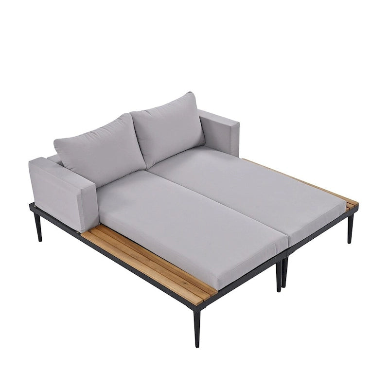 Lit de Repos Extérieur Moderne en Métal 2 en 1 avec Plateaux et Espaces Latéraux en Bois