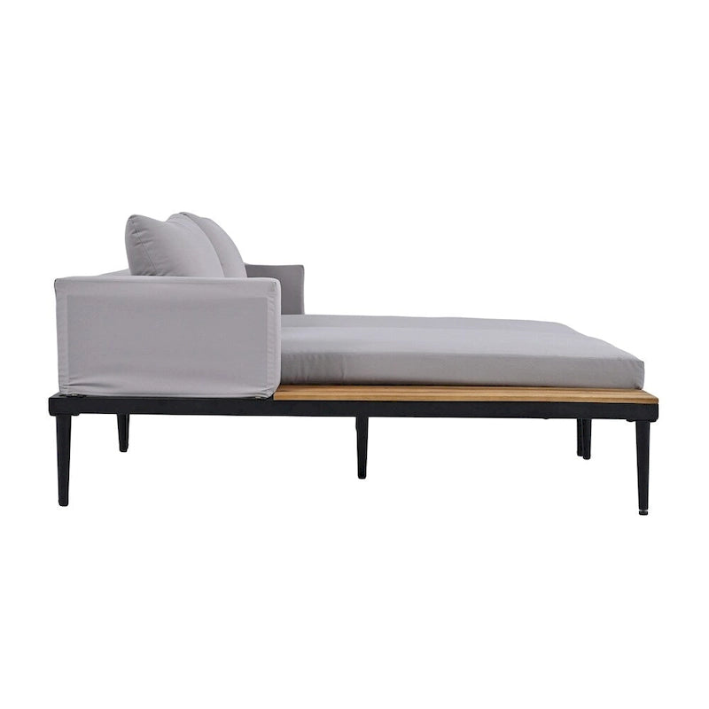Lit de Repos Extérieur Moderne en Métal 2 en 1 avec Plateaux et Espaces Latéraux en Bois