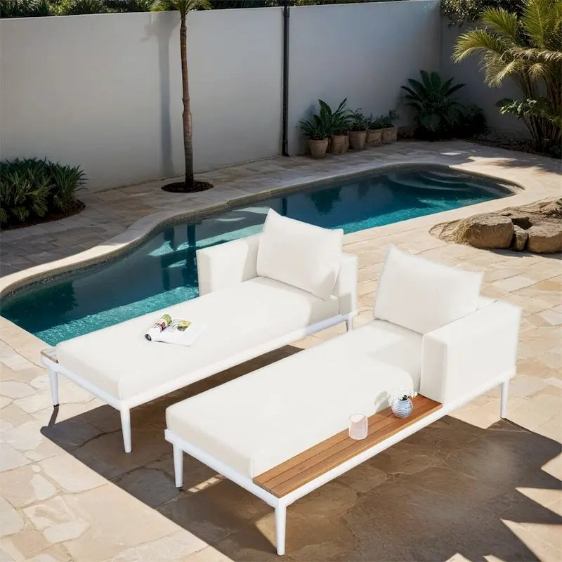 Lit de Repos Extérieur Moderne en Métal 2 en 1 avec Plateaux et Espaces Latéraux en Bois