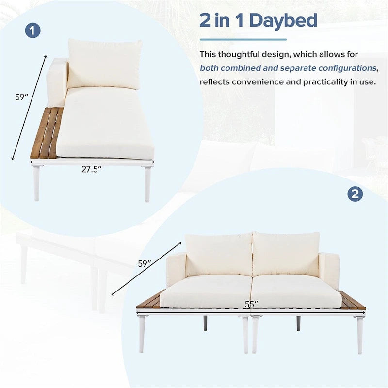 Lit de Repos Extérieur Moderne en Métal 2 en 1 avec Plateaux et Espaces Latéraux en Bois