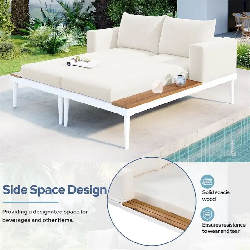 Lit de Repos Extérieur Moderne en Métal 2 en 1 avec Plateaux et Espaces Latéraux en Bois