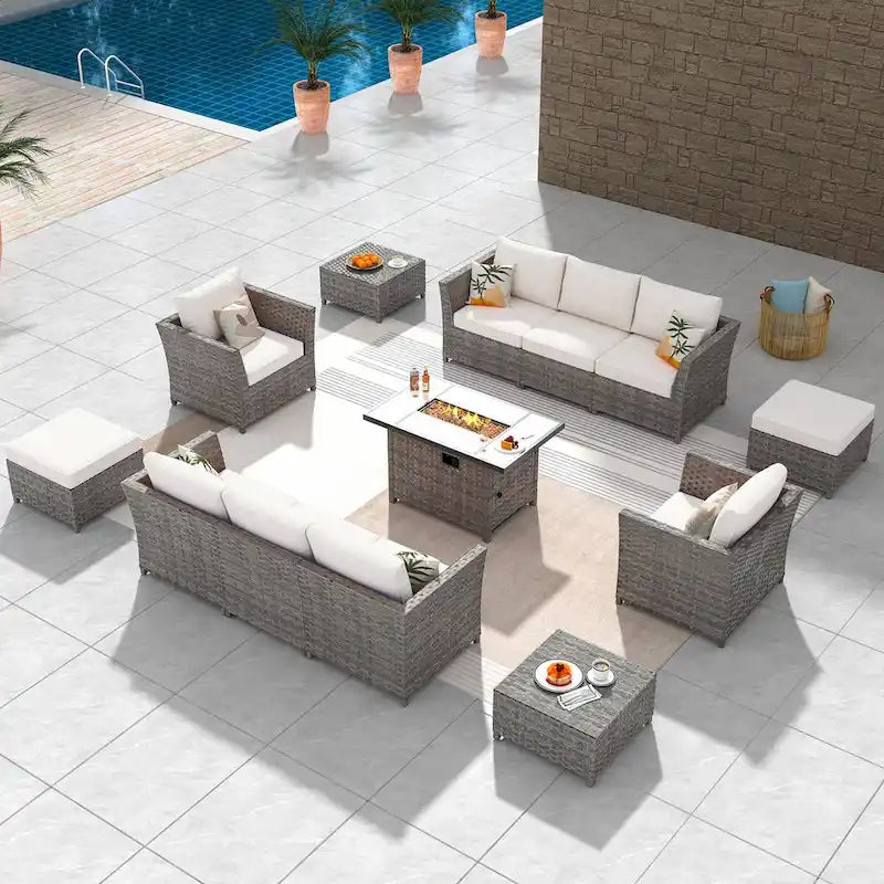HOOOWOOO Ensemble de meubles de patio d'extérieur sectionnel en osier gris 13 pièces avec foyer