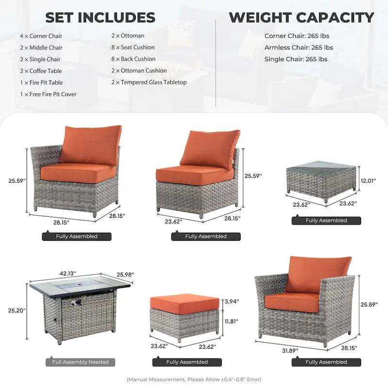 HOOOWOOO Ensemble de meubles de patio d'extérieur sectionnel en osier gris 13 pièces avec foyer