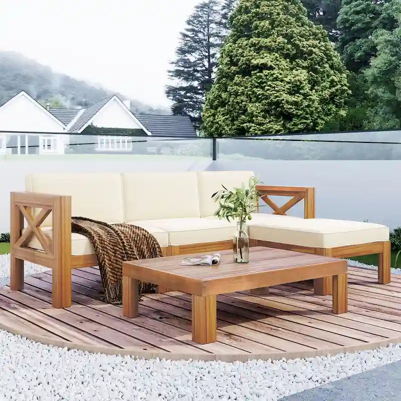 Ensemble de canapé d'angle d'extérieur 5 pièces en bois pour terrasse avec coussins, finition naturelle + coussins