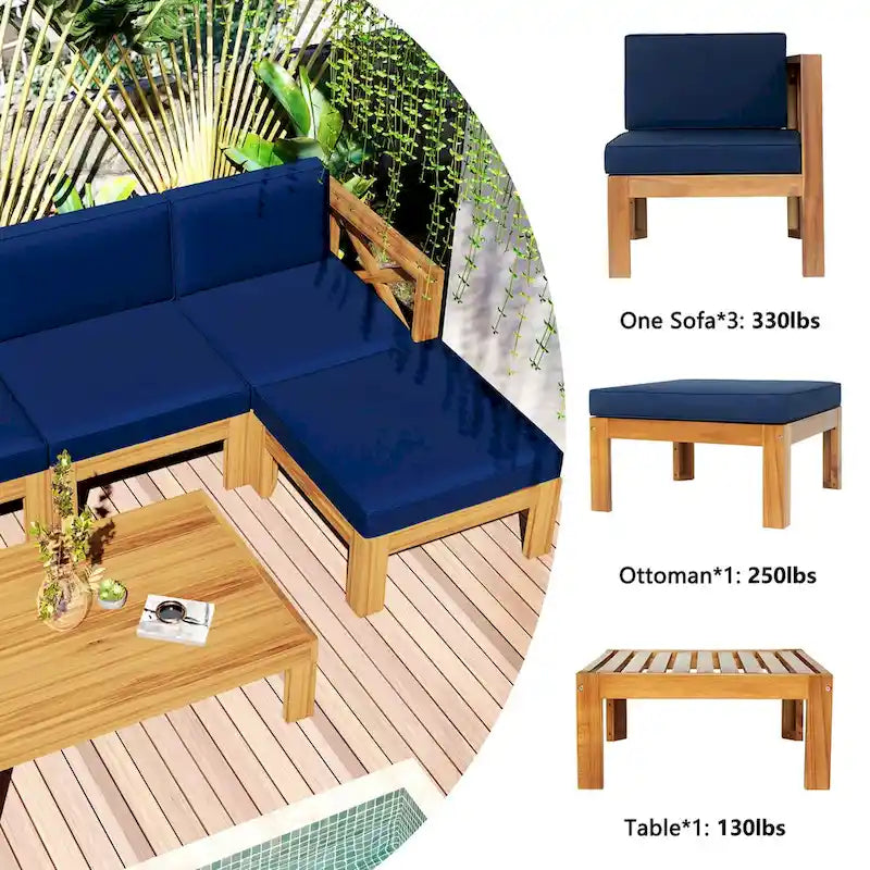 Ensemble de canapé d'angle d'extérieur 5 pièces en bois pour terrasse avec coussins, finition naturelle + coussins