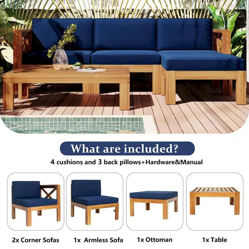 Ensemble de canapé d'angle d'extérieur 5 pièces en bois pour terrasse avec coussins, finition naturelle + coussins