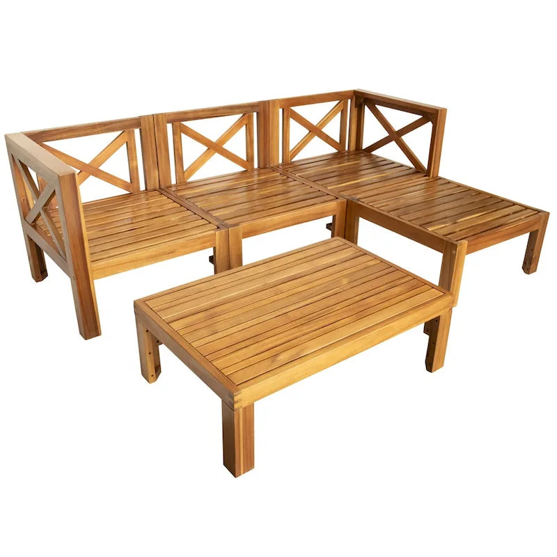 Ensemble de canapé d'angle d'extérieur 5 pièces en bois pour terrasse avec coussins, finition naturelle + coussins