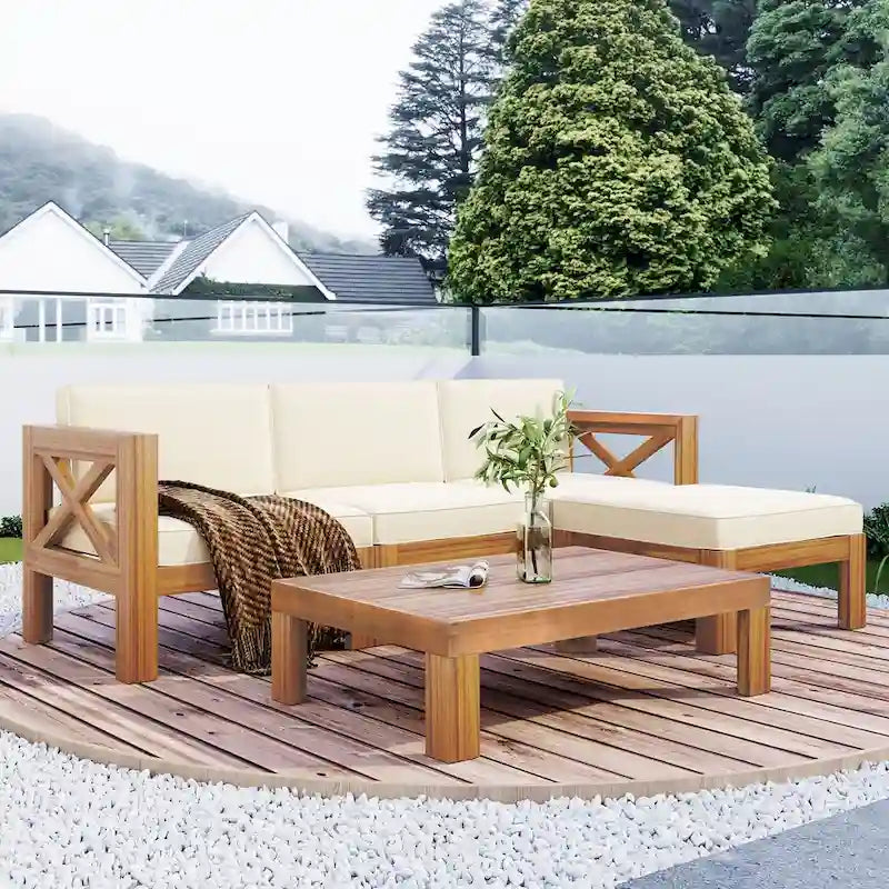 Ensemble de canapé d'angle d'extérieur 5 pièces en bois pour terrasse avec coussins, finition naturelle + coussins