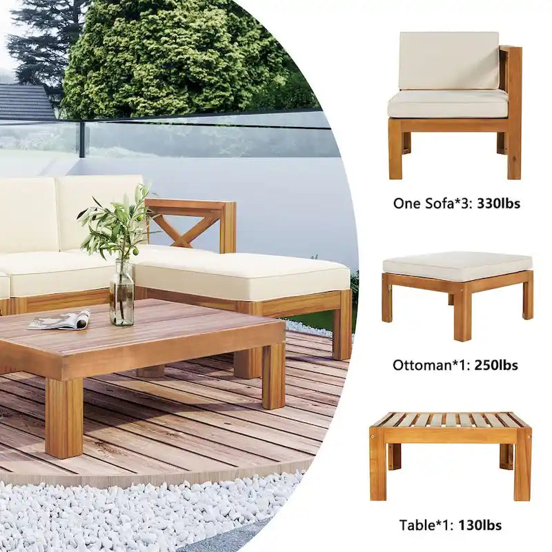 Ensemble de canapé d'angle d'extérieur 5 pièces en bois pour terrasse avec coussins, finition naturelle + coussins