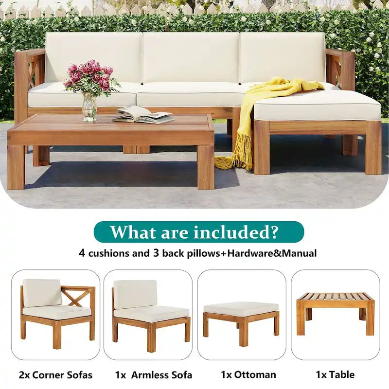 Ensemble de canapé d'angle d'extérieur 5 pièces en bois pour terrasse avec coussins, finition naturelle + coussins