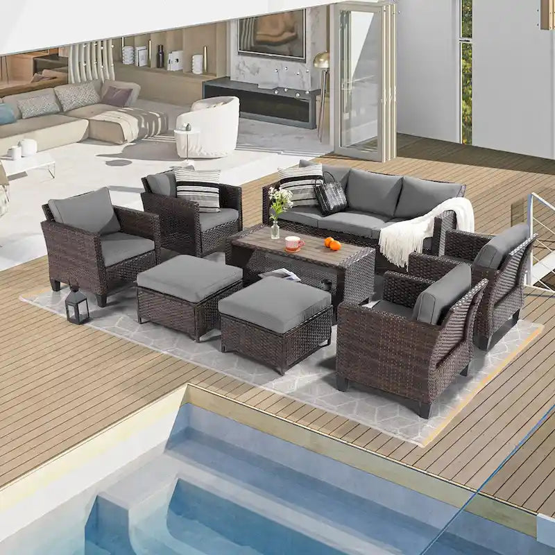 Ensemble de canapé de patio 8 pièces BONOSUKI en rotin marron avec poufs