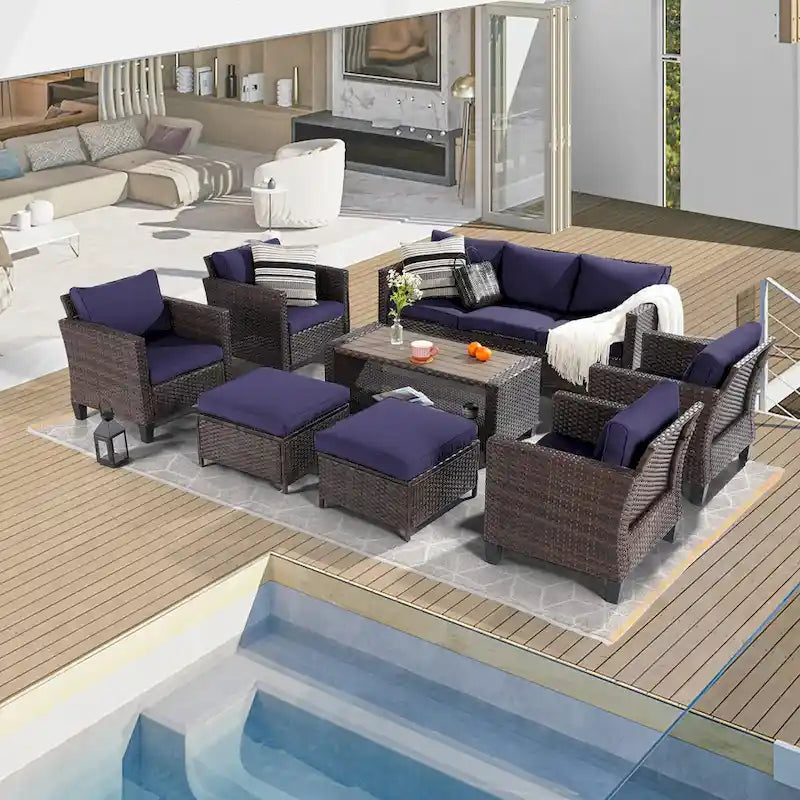 Ensemble de canapé de patio 8 pièces BONOSUKI en rotin marron avec poufs