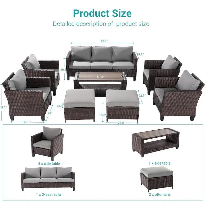 Ensemble de canapé de patio 8 pièces BONOSUKI en rotin marron avec poufs